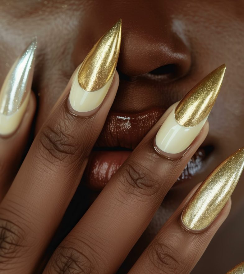 black woman with a perfect ivory and gold bridal manicure