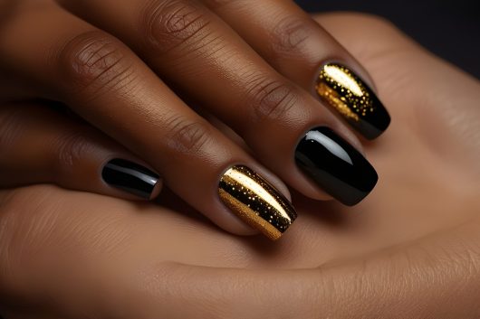 black women hands with perfect manicure gold shiny nail.generative.ai